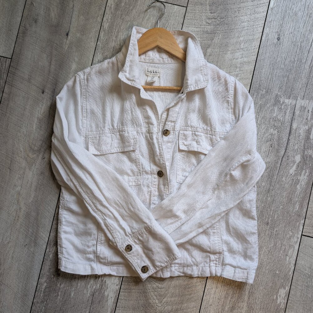 Nicole Miller White Linen Blend Cropped Jacket Button Front Utility Shirt M - Picture 8 of 11